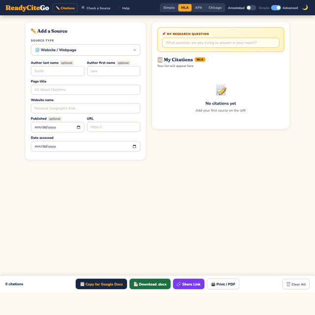 Screenshot of Ready Cite Go