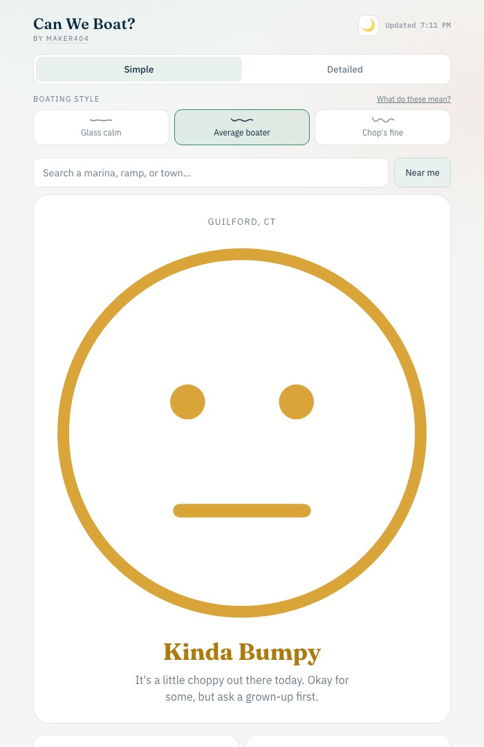 Screenshot of Can We Boat? showing a simple face icon and a "Kinda Bumpy" verdict for kids, along with wind, wave, and tide stats.
