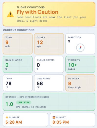 Screenshot of Rotorcast showing the Good to Fly banner with current wind, gust, and visibility conditions.
